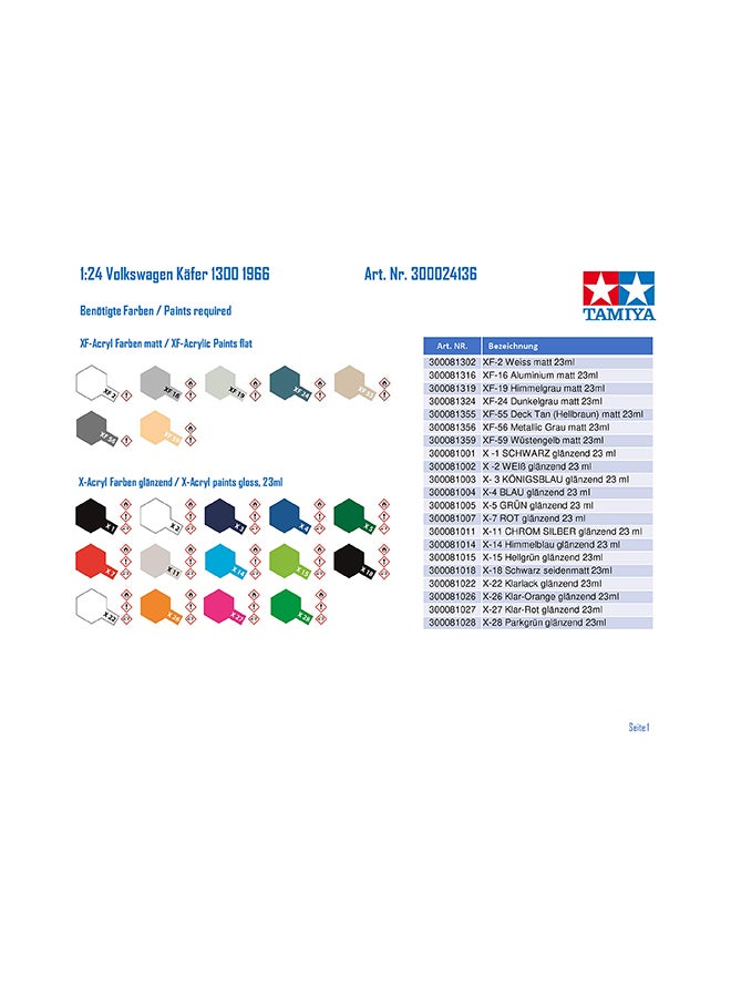 تاميا Volkswagen 1300 Beetle 1966 Model Kit 11.4x7.5x2.8inch - Image 3