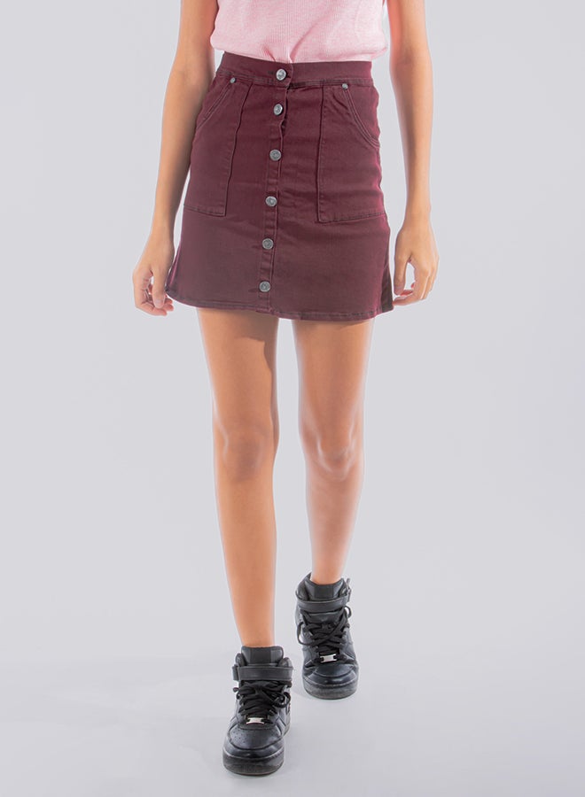 Youthful - Petite Button Front Denim Mini Skirt Maroon - Image 1