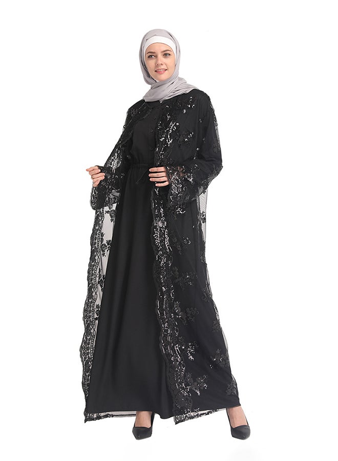عباءة بتفاصيل من الدانتيل أسود - Image 3