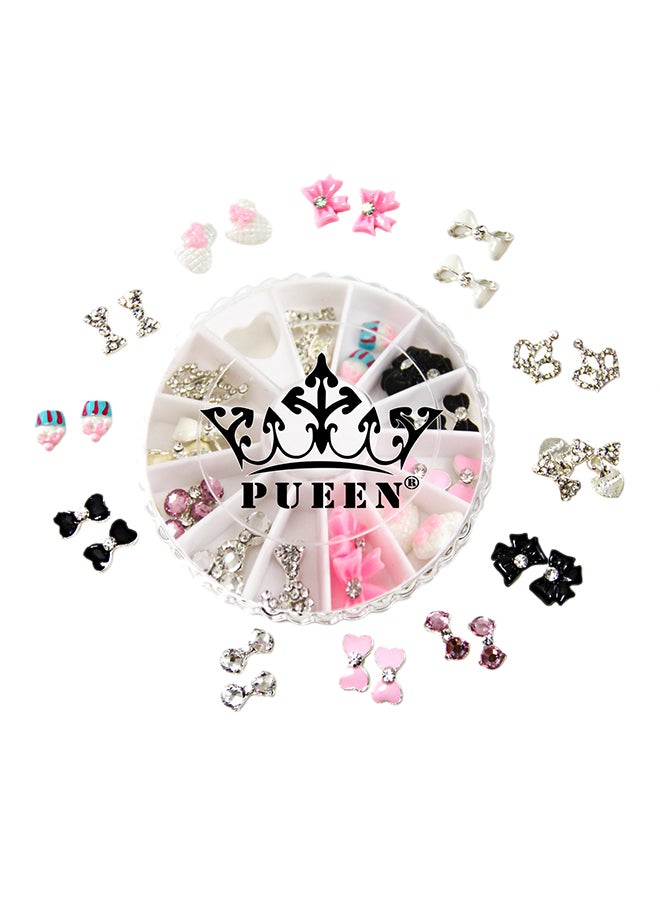 PUEEN 24-Piece 3D Bow Flower Design Rhinestones Nail Art Set Multicolour - Image 1