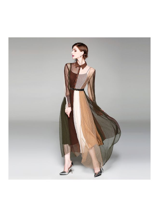 Anaqa Long Maxi Sleeves Evening Dress Brown/White/Beige - Image 5