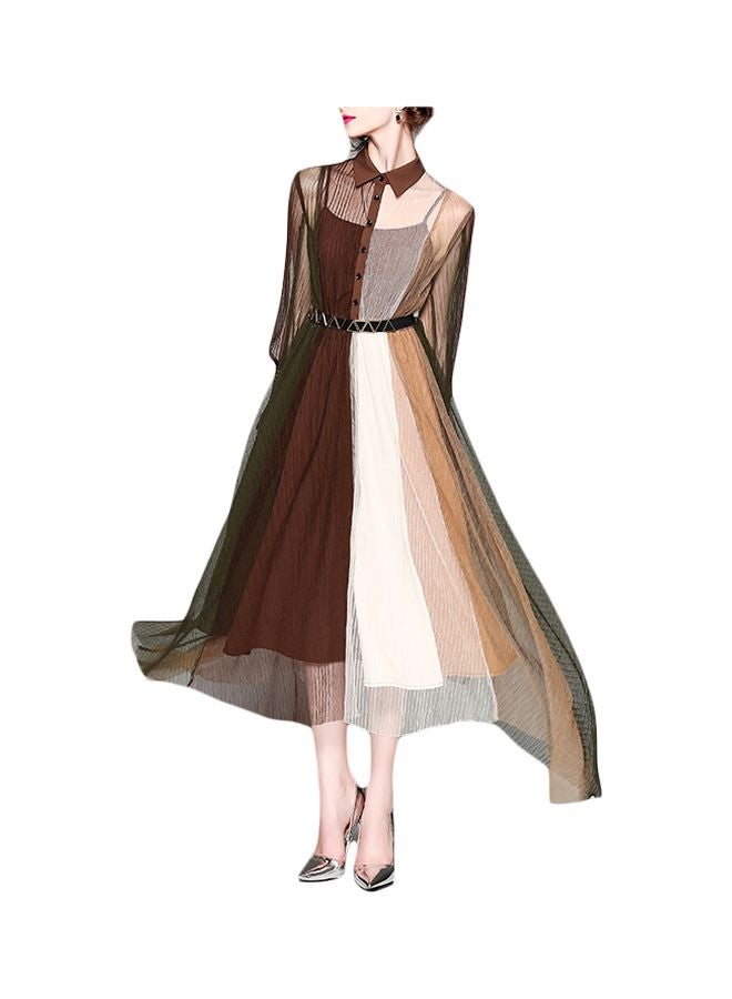 Anaqa Long Maxi Sleeves Evening Dress Brown/White/Beige - Image 1