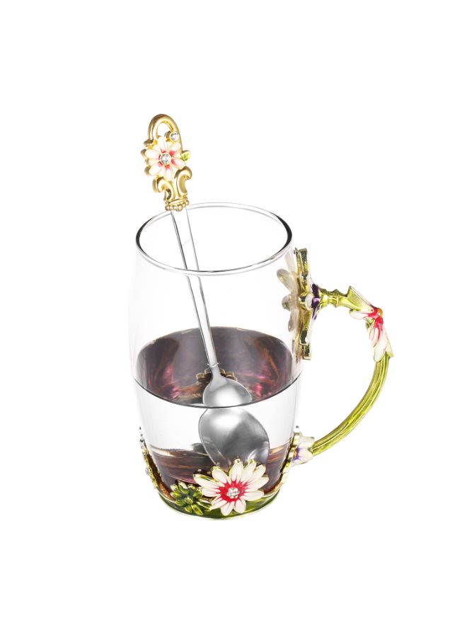 Floral Pattern Glass Coffee Mug With Spoon And Cleaning Cloth Multicolour - Image 2