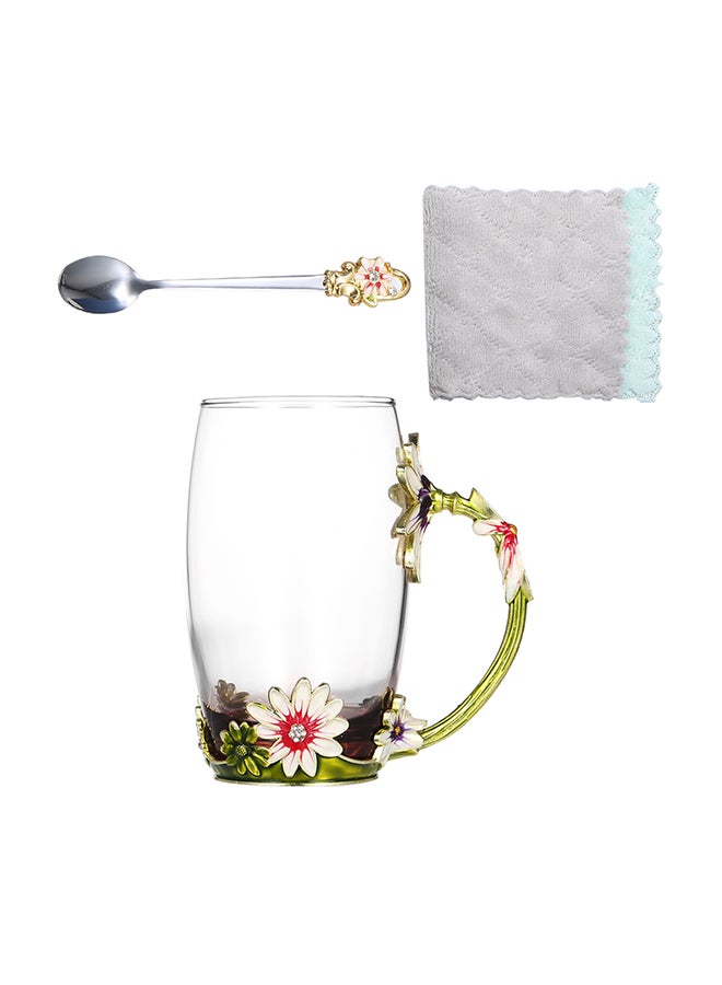 Floral Pattern Glass Coffee Mug With Spoon And Cleaning Cloth Multicolour - Image 1