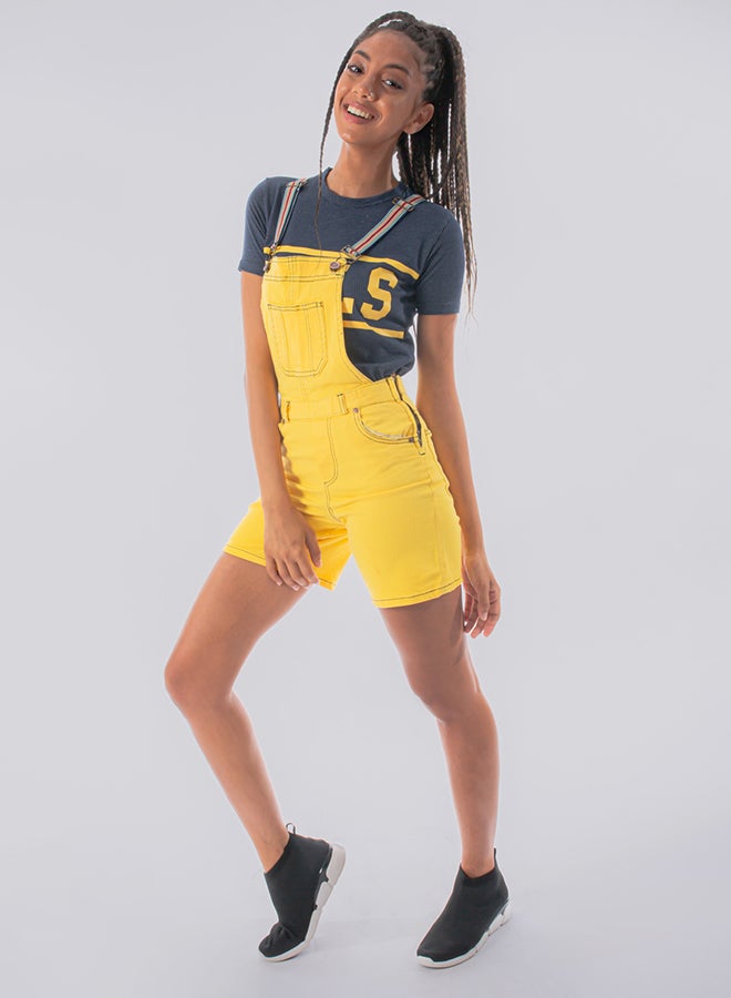 Youthful - Petite Denim Dunagree Shorts Yellow - Image 1