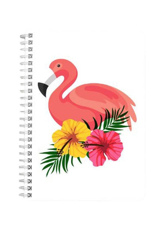 لوحة دفتر مُلاحظات مجلَّد بسلك مقاس A5 مزين بطبعة تمثل طائر الفلامنجو مع بعض زهور متعدد الألوان - Image 1