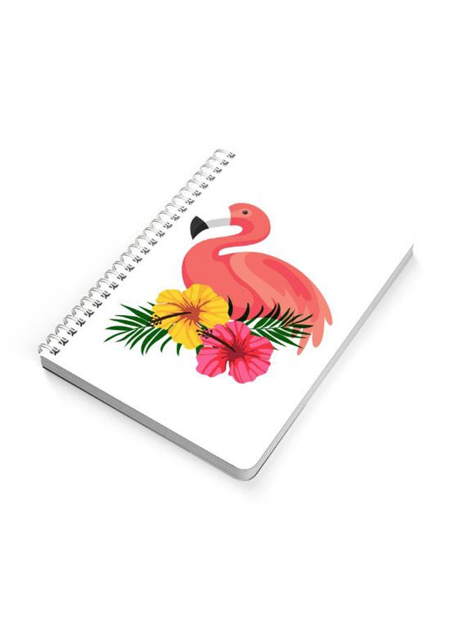 لوحة دفتر مُلاحظات مجلَّد بسلك مقاس A5 مزين بطبعة تمثل طائر الفلامنجو مع بعض زهور متعدد الألوان - Image 2
