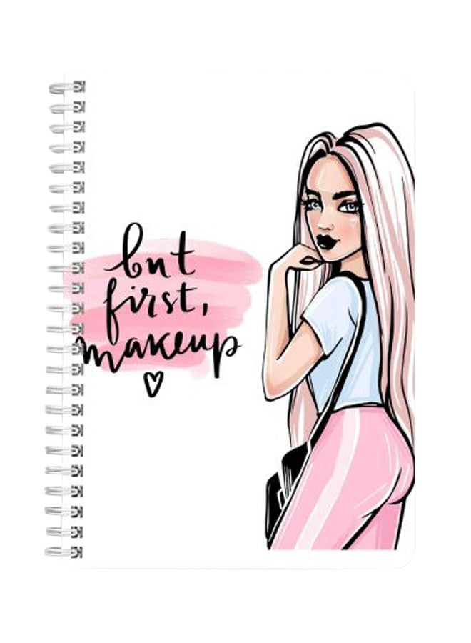 لوحة دفتر ملاحظات بسلك مقاس A5 بطبعة عبارة "But First Makeup" اسود/أبيض/زهري - Image 2