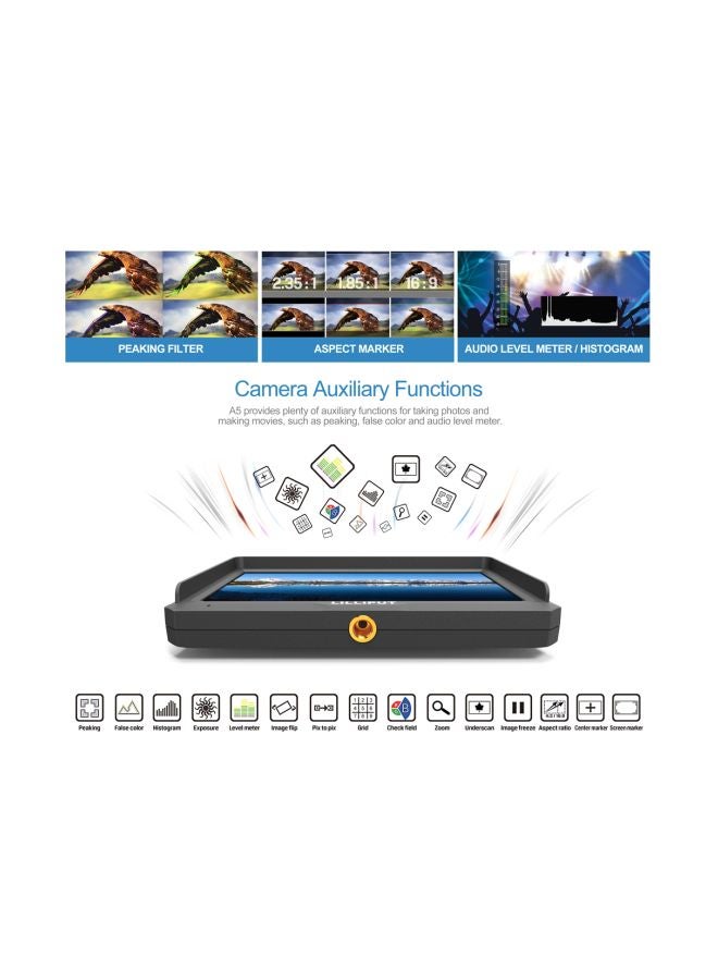 IPS Camera-Top Broadcast Monitor For 4K Camcorder And DSLR Black