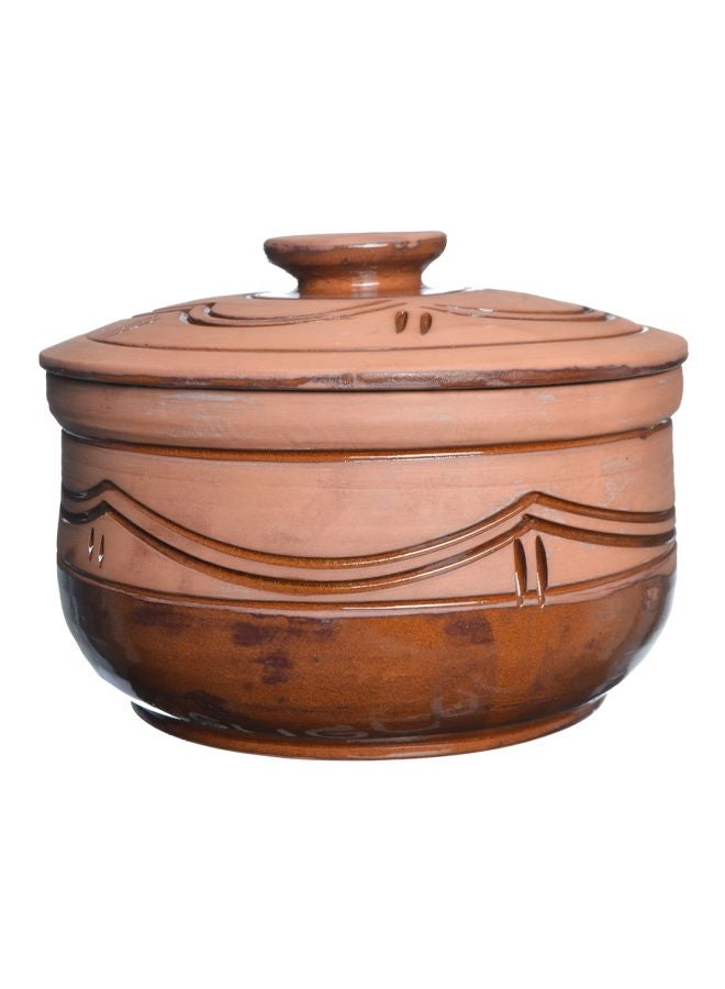 Striped Pottery Cooking Pot With Lid Brown 25cm - Image 1