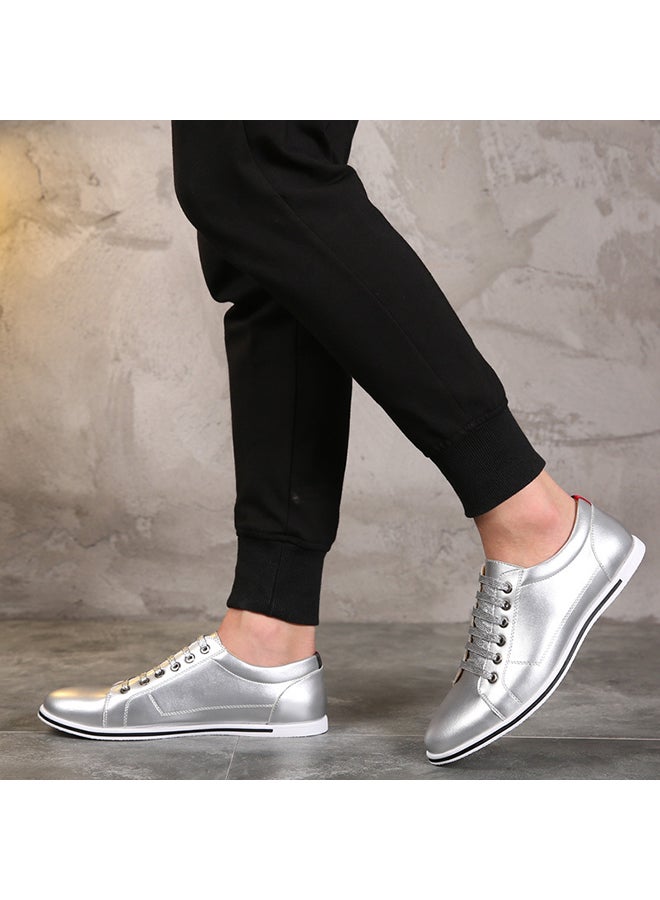 Casual Lace Up Low Top Sneakers Silver  - Image 3