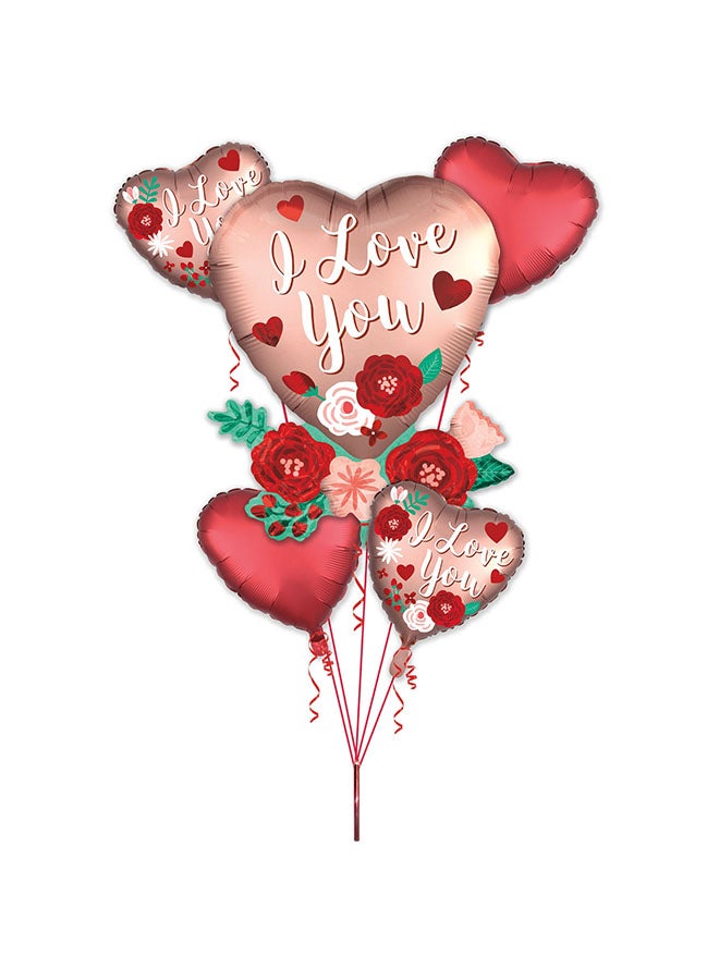 Anagram 5 Piece Heart With Flower Balloon Bouquet For Valentine'S Day Decorations Party Supplies