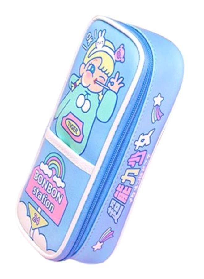2-Compartment Cartoon Printed Pencil Case Blue - Image 1