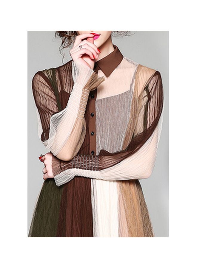 Anaqa Long Maxi Sleeves Evening Dress Brown/White/Beige - Image 3