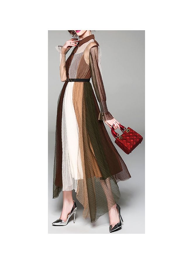 Anaqa Long Maxi Sleeves Evening Dress Brown/White/Beige - Image 4