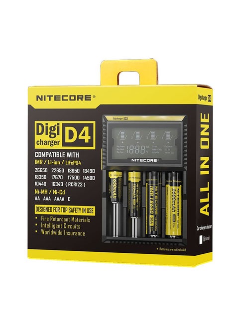 D4 Digicharger LCD Display Universal Battery Charger for 18650, 14500, 16340, 26650, 18350 Li-ion Rechargeable Batteries, Smart Charging with Multiple Safety Features, Includes Charging Cable, Ideal for Flashlights, Vape, and More Devices