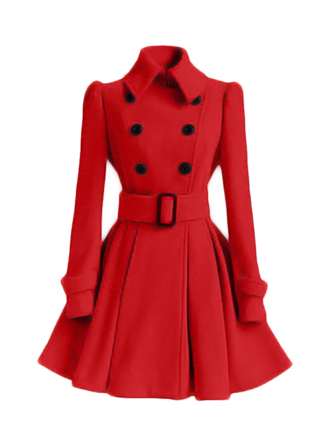 Woolen Coat Solid Belt Buckle Coat Red