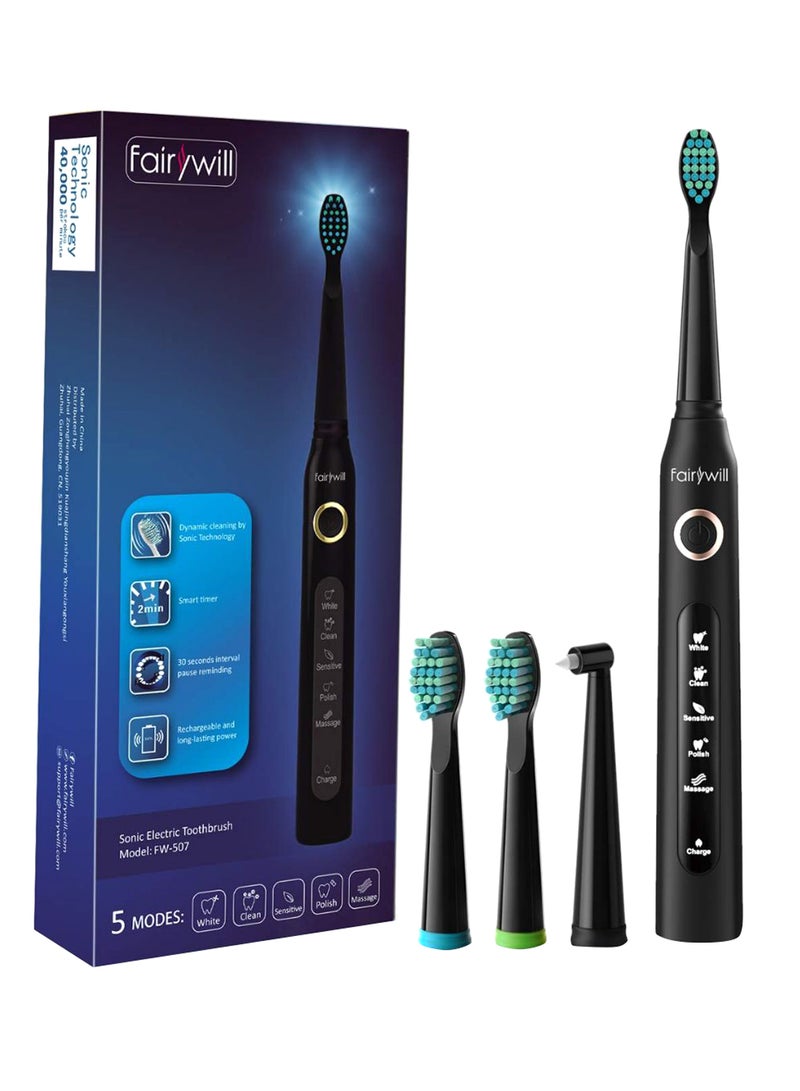 Fairywill 4-Piece Rechargeable Electric Brush And Replacement Head Kit Black/Blue