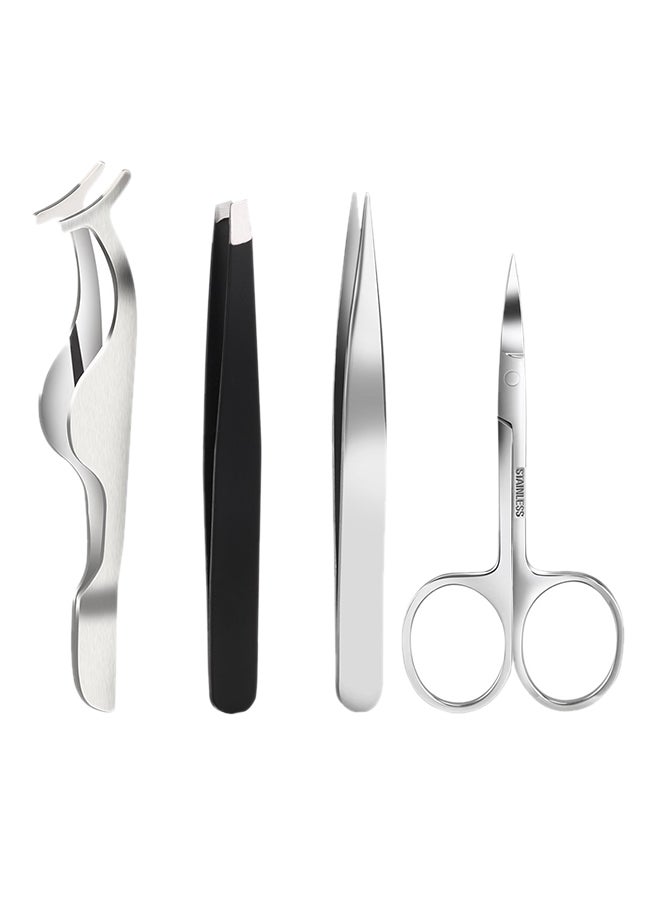 PIXNOR 4-Piece Professional Eyebrow Tweezers and Scissors Set Silver/Black - Image 1