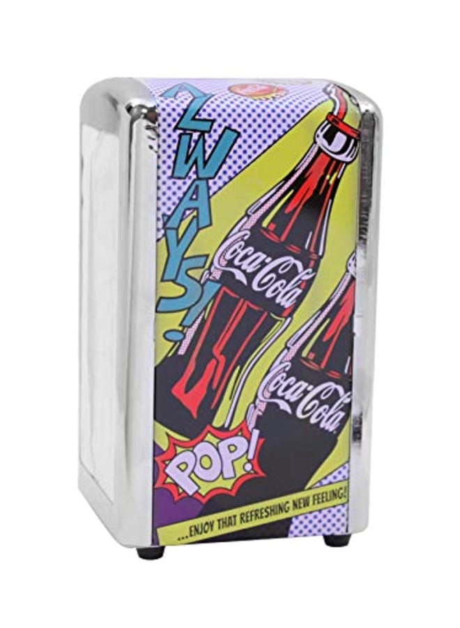 Tablecraft Coca-Cola Pop! Printed Napkin Dispenser Silver/Red/Yellow 7.75x4.25x3.75inch - Image 1
