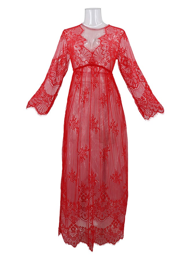Trendy Long Sleeves 
 Nightdress Red  - Image 1
