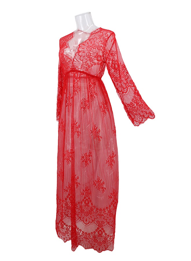 Trendy Long Sleeves 
 Nightdress Red  - Image 3