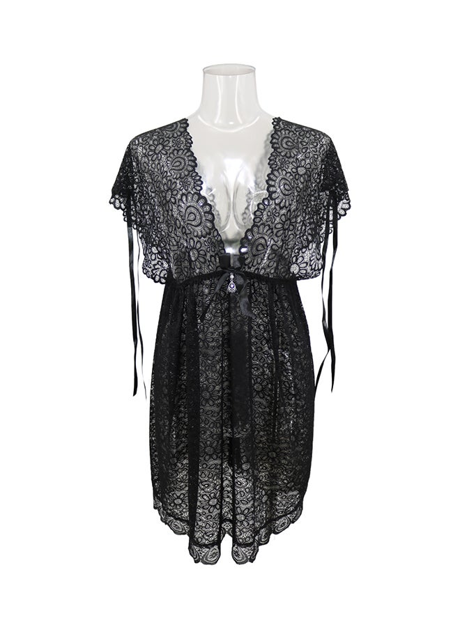 Lace Detail Short Sleeves 
 Nightdress Black - Image 1