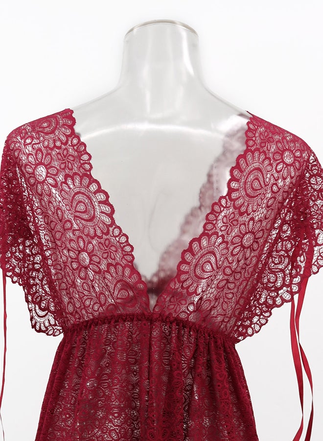Lace Detail Short Sleeves 
 Nightdress Deep Red - Image 2