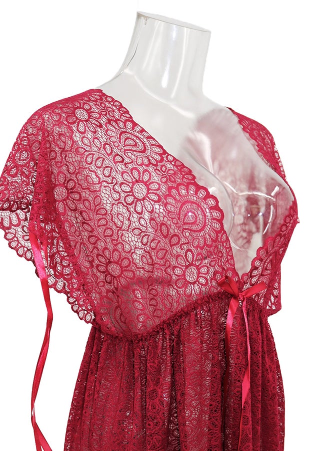 Lace Detail Short Sleeves 
 Nightdress Deep Red - Image 3