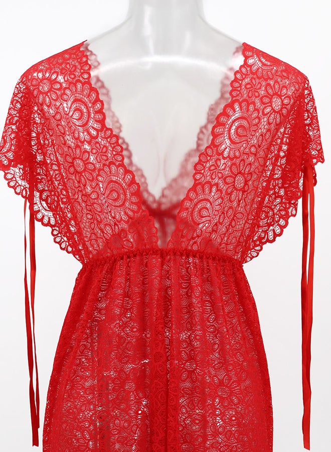 Lace Detail Short Sleeves 
 Nightdress Red  - Image 2