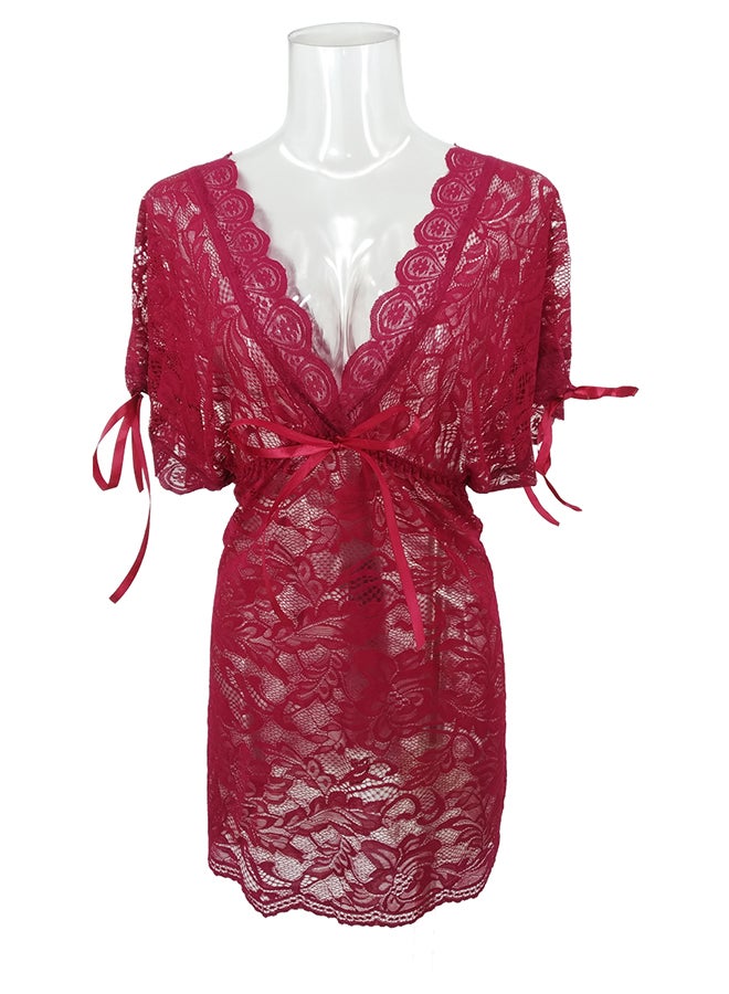 Lace Detail Short Sleeves 
 Nightdress Deep Red  - Image 1