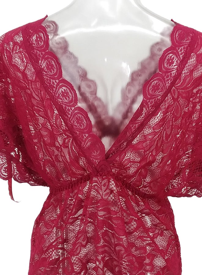 Lace Detail Short Sleeves 
 Nightdress Deep Red  - Image 2