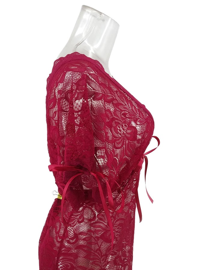 Lace Detail Short Sleeves 
 Nightdress Deep Red  - Image 3