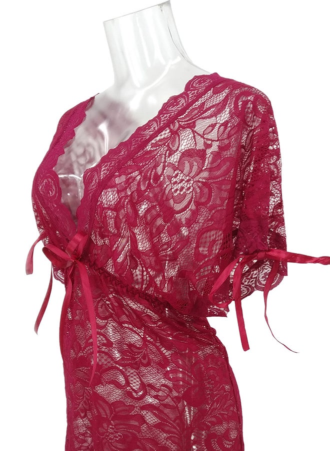 Lace Detail Short Sleeves 
 Nightdress Deep Red  - Image 4