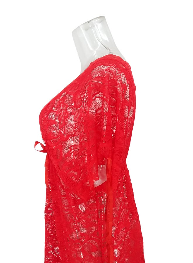 Lace Detail Short Sleeves 
 Nightdress Red  - Image 3