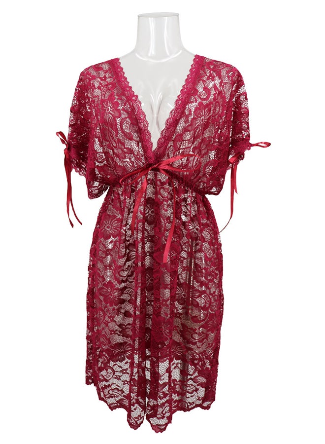 Lace Detail Short Sleeves 
 Nightdress Deep Red  - Image 1