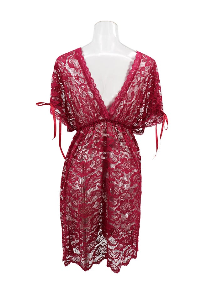 Lace Detail Short Sleeves 
 Nightdress Deep Red  - Image 2