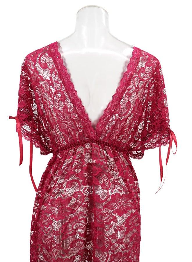 Lace Detail Short Sleeves 
 Nightdress Deep Red  - Image 5