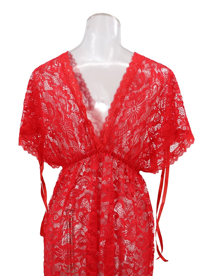 Lace Detail Short Sleeves 
 Nightdress Red - Image 2