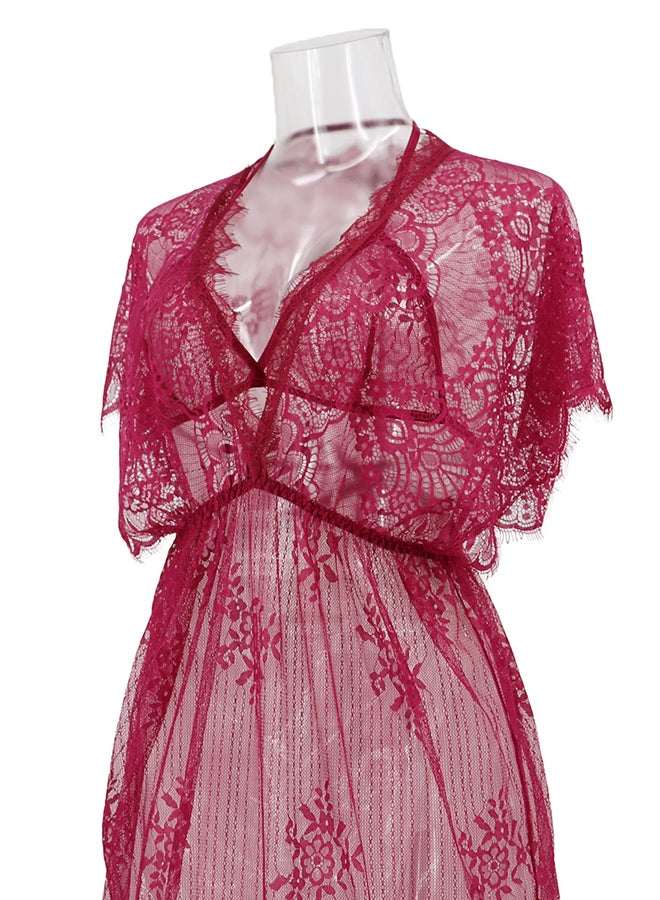 Lace Detail Short Sleeves 
 Nightdress Deep Red - Image 3