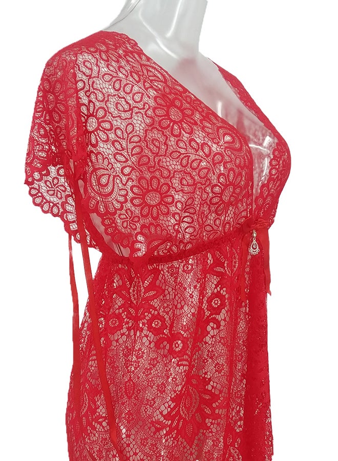 Lace Detail Short Sleeves 
 Nightdress Red - Image 3