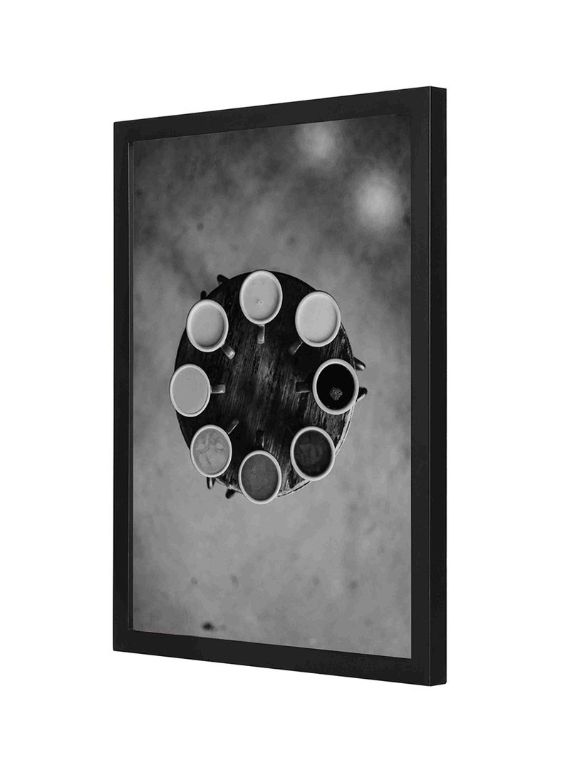 LOWHA 8 Coffee Cups Wooden Framed Wall Art Painting Grey/Black 33 x 43cm - Image 1