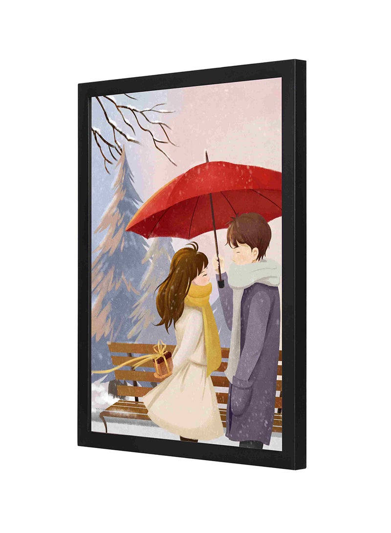 لوحة فنية لديكور الحائط بإطار خشبي تمثل صورة ثنائي متحابين في فصل الشتاء متعدد الألوان 33x43سم - Image 1