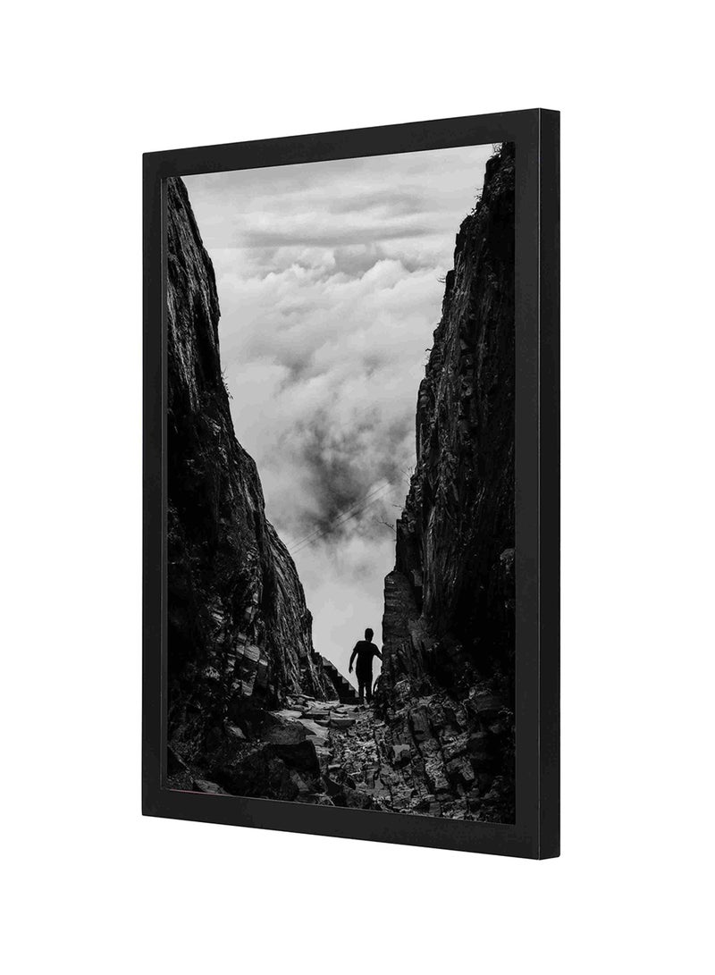 LOWHA Man Between Mountain Valley Wooden Wall Art Painting Black/White 33 x 43cm - Image 1