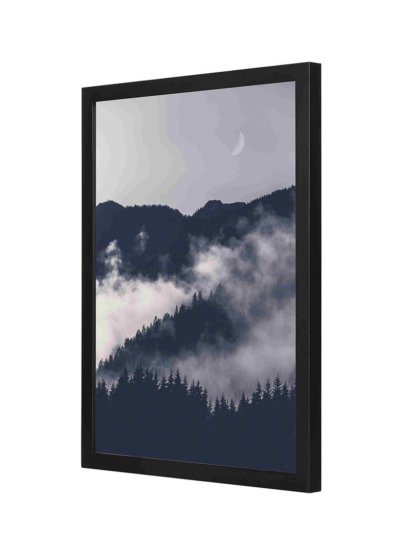 لوحة فنية جدارية بإطار من الخشب مطبوعة برسمة تمثل منظر الضباب بالقرب من المسطح المائي والجبال رمادي 33 x 43سم - Image 1