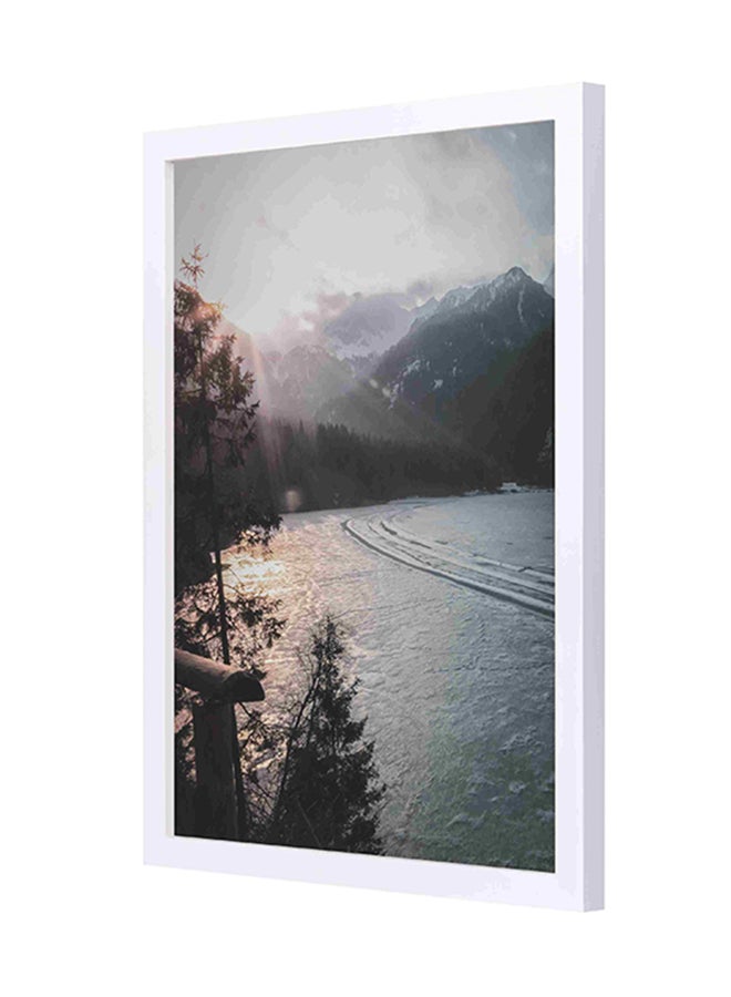 LOWHA - Calm Of Body Of Water In Front Of Mountain Wooden Framed Wall Art Painting Multicolour 33x43cm - Image 1