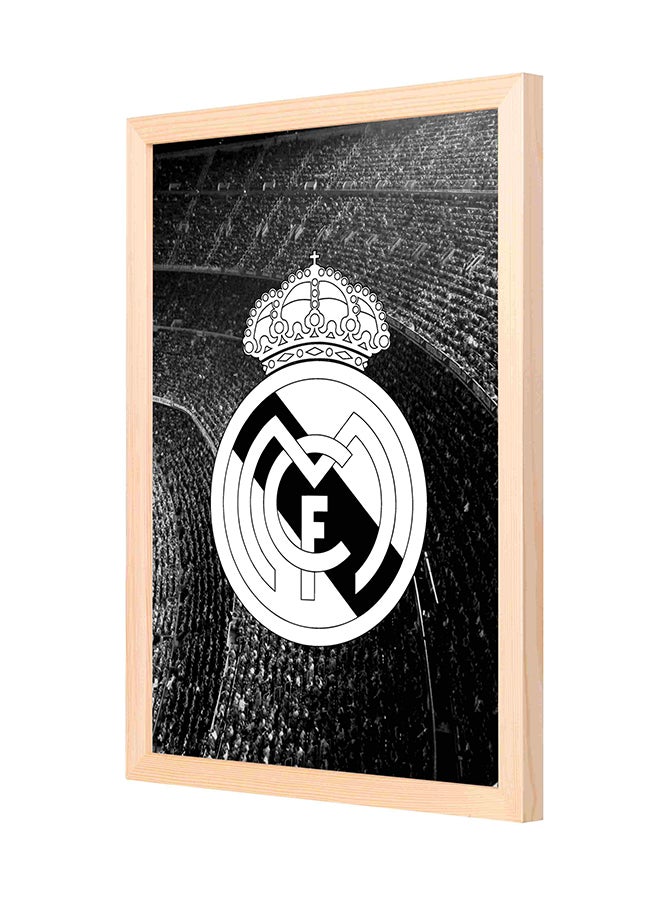 لوحة فنية لديكور الحائط بإطار خشبي بتصميم مزين بطبعة شعار ريال مدريد متعدد الألوان 33x43سم