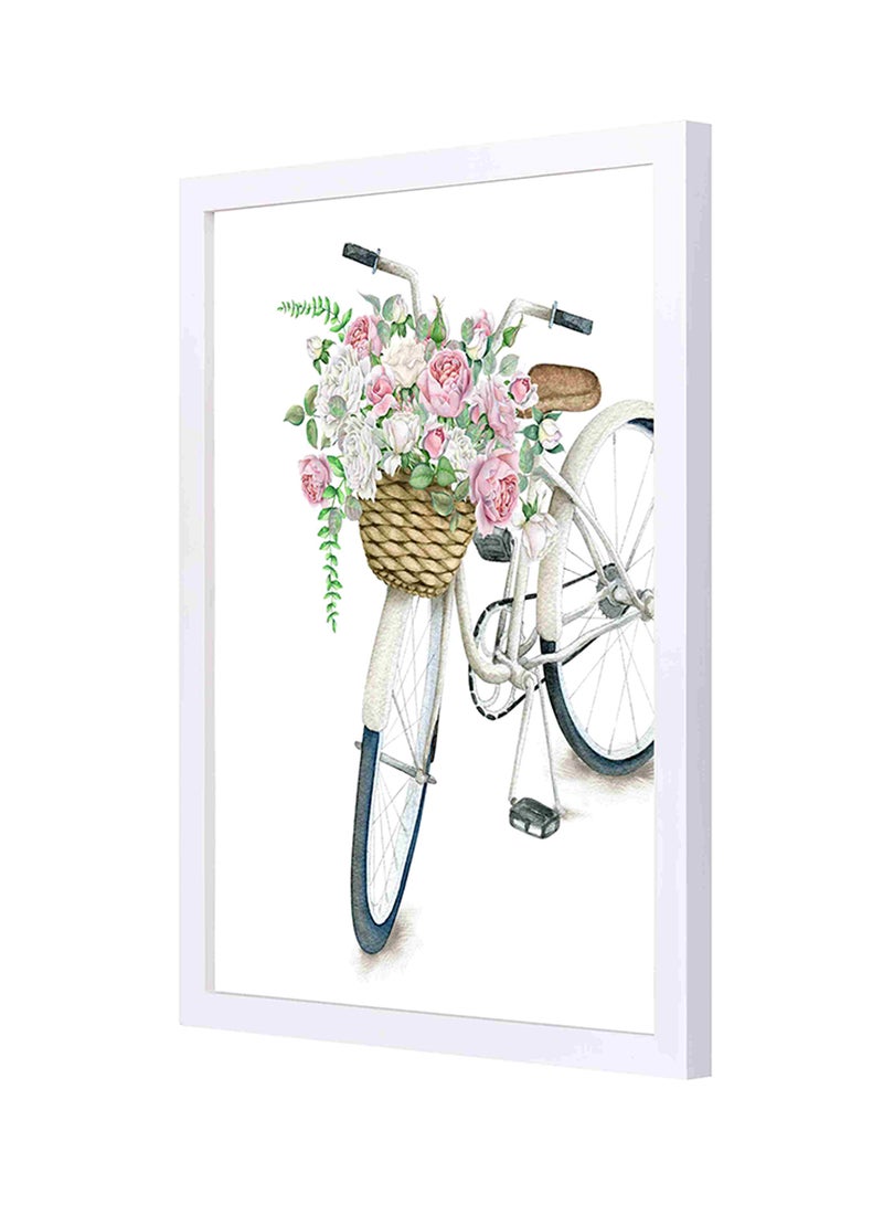 LOWHA Roses Basket Bike Wooden Framed Wall Art Painting White/Pink 33 x 43cm  - Image 1