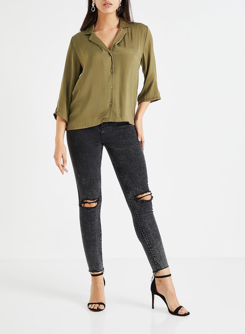 Jacqueline de Yong - Classic Style Basic Camp Shirt Olive - Image 1