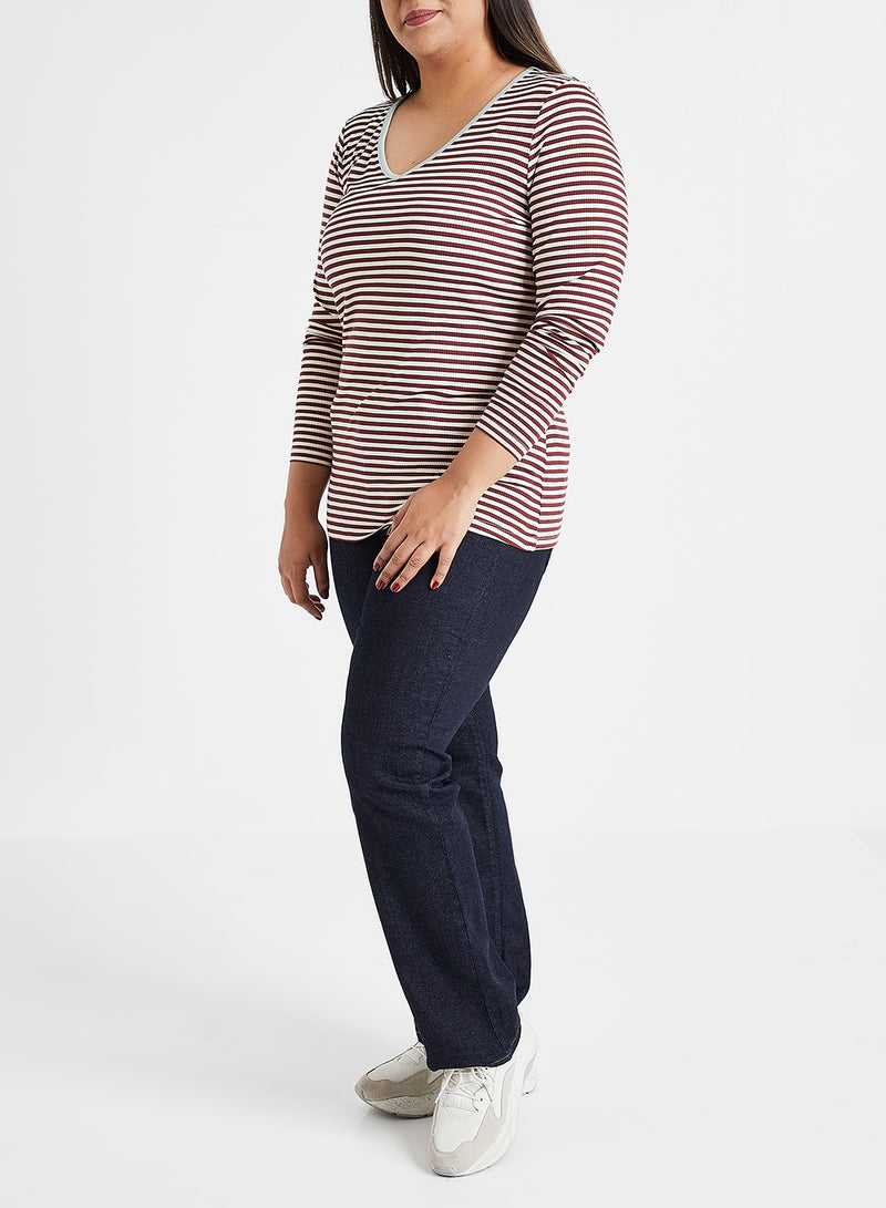VERO MODA - Striped V-Neck Top Brown/White - Image 1